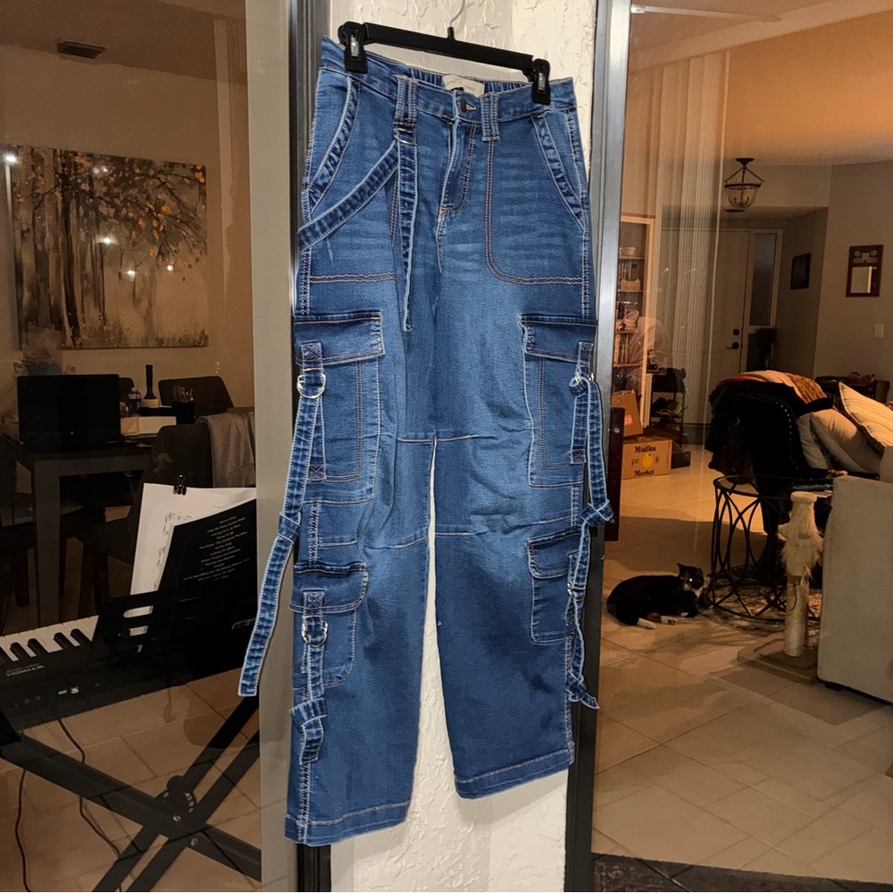 Wide-Leg Cargo Denim Jeans - Blue - Picture 4 of 7